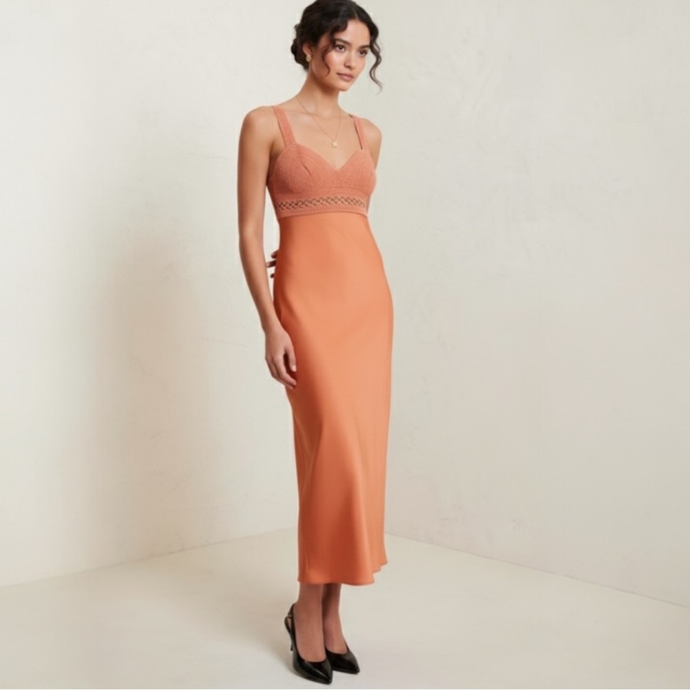A.L.C. Talia Crochet Satin Midi Dress Size 4 Terracotta Sleeveless $695